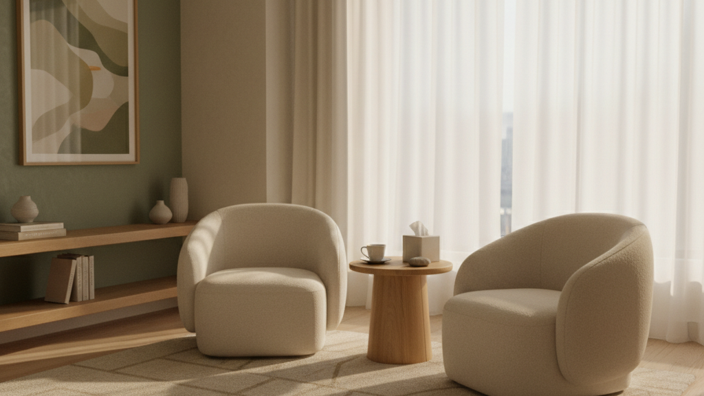 Calm, minimalist therapy office with soft afternoon light