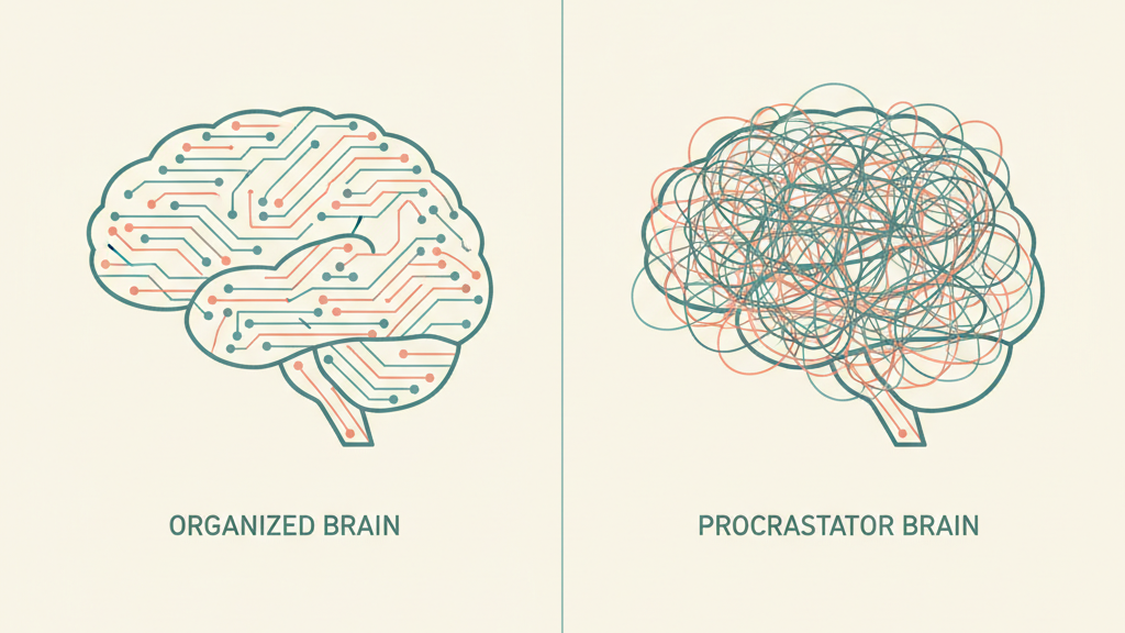 Side-by-side brain illustrations showing clean vs. tangled neural pathways