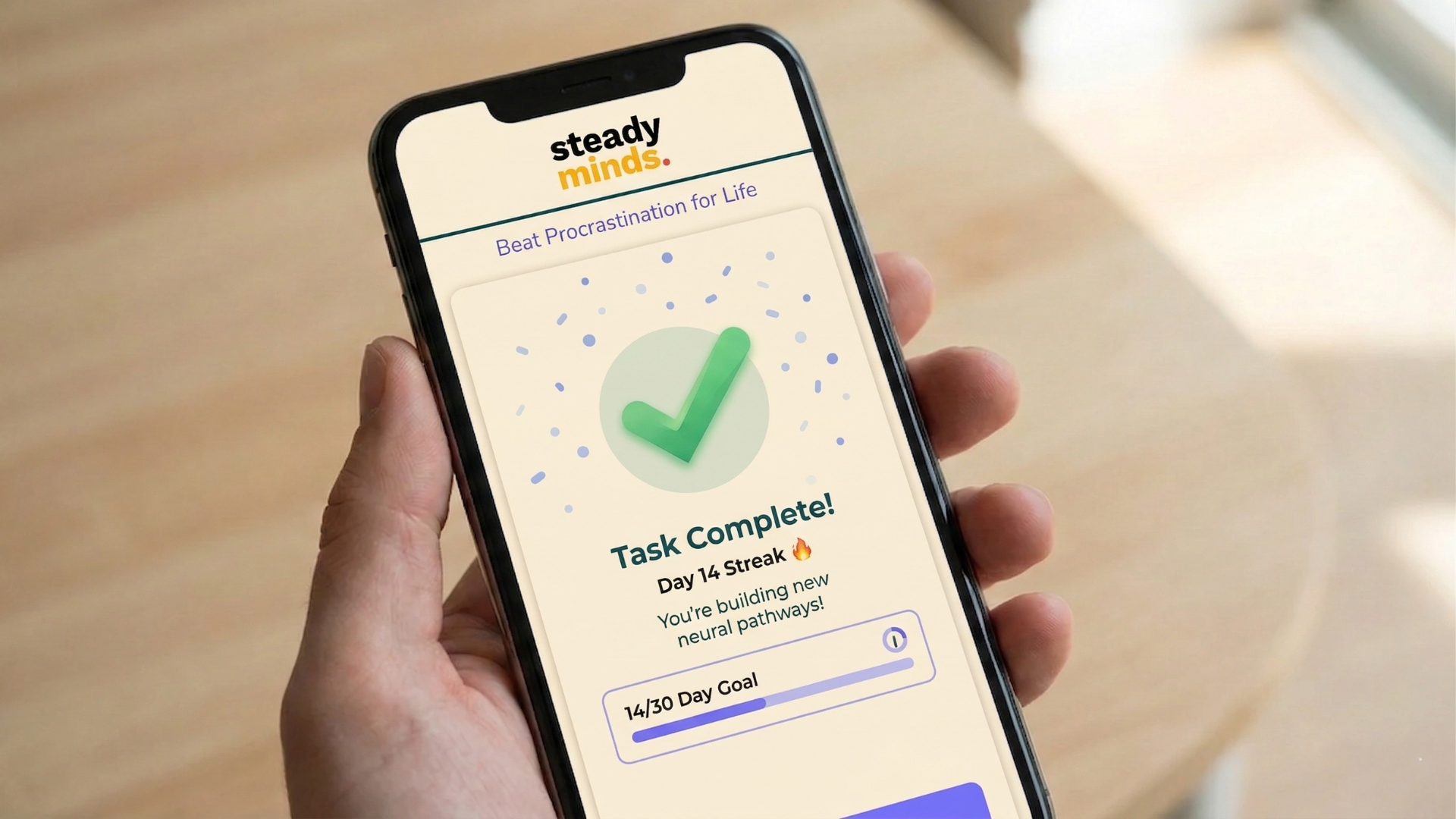 Hands holding a phone in bed with a calming app interface on screen