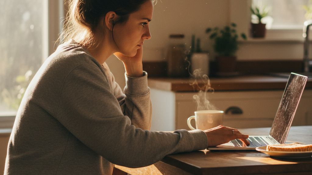 Woman working calmly at a kitchen table with morning coffee