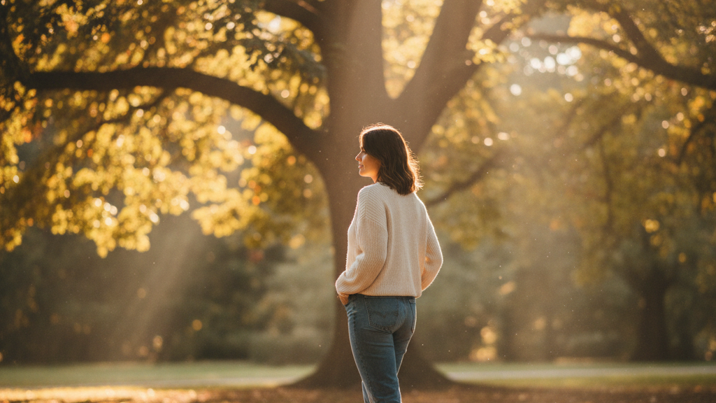 Woman walking through a sunlit park at golden hour, unhurried
