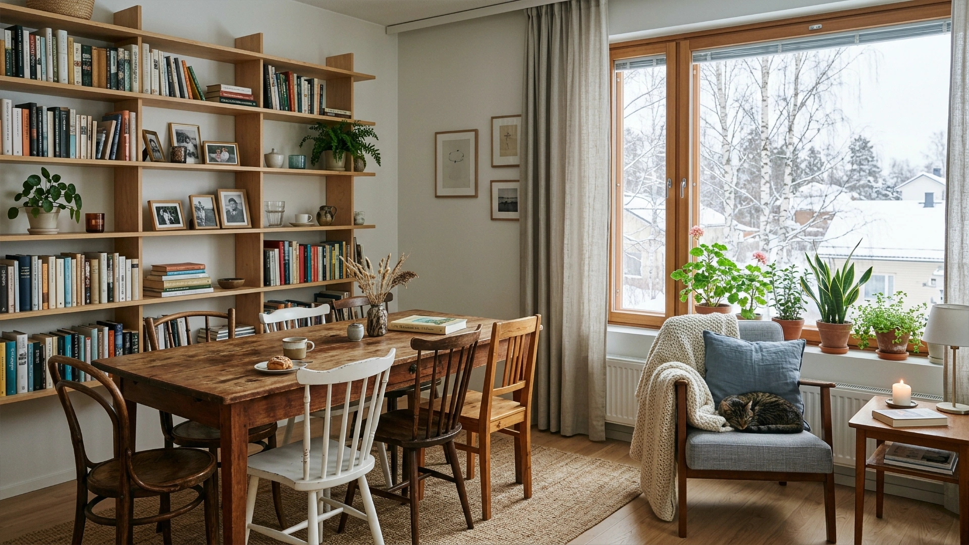 Calm Nordic apartment exterior and neighborhood